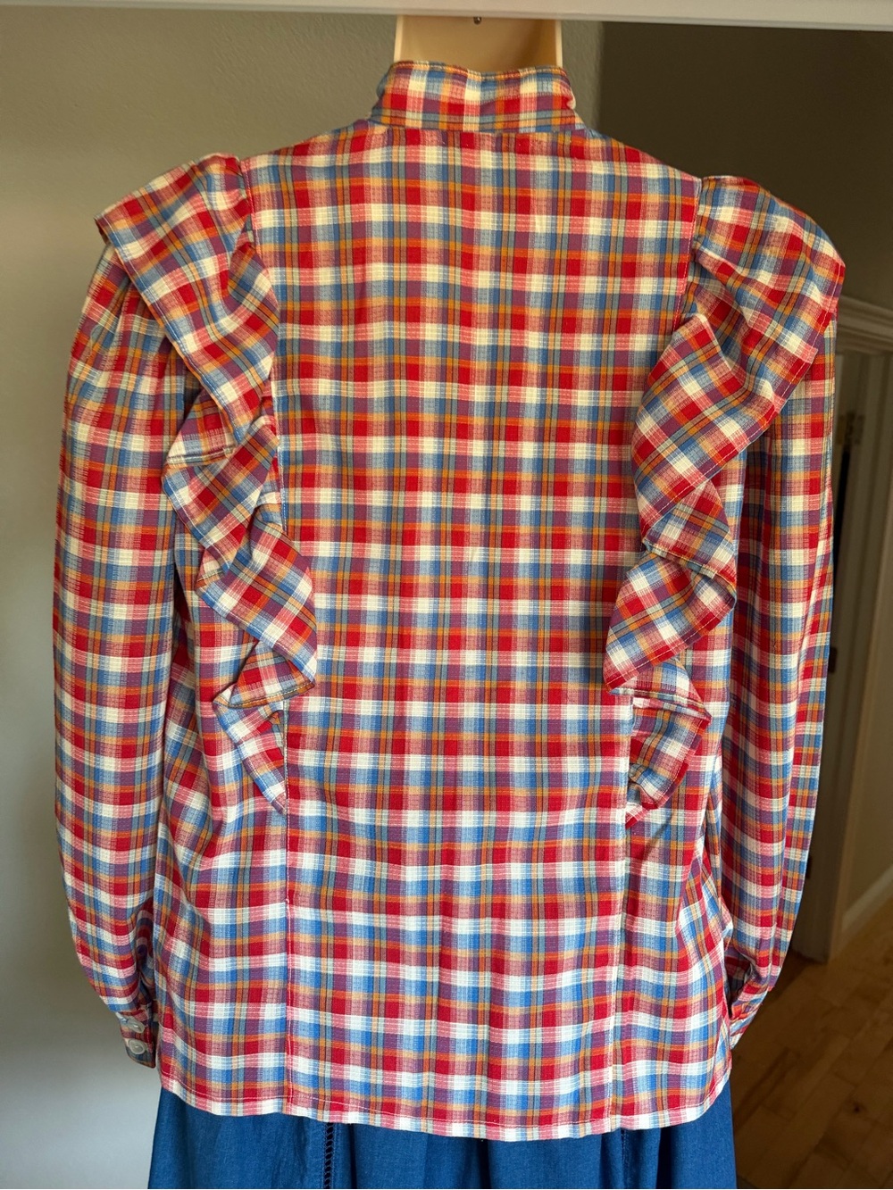 *SOLD* VTG 80s Handmade Plaid Ruffle Blouse Cottagecore Prairie Romantic, S - Picture 8 of 14